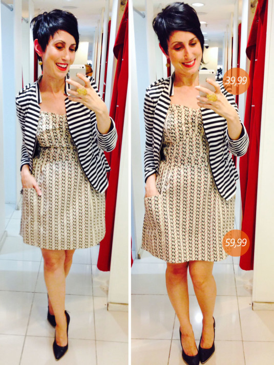 vestido na altura dos joelhos com estampa de batom e fundo na cor bege, jaqueta listrada preto e branco